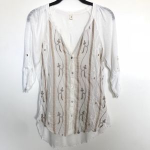 Anthropologie | Cream Beaded & Embroidered Top